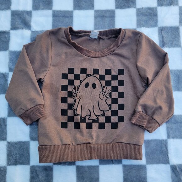 Ghost Checkers Brown Cotton Blend Crew Neck Top Size 80 (12m) - Picture 1 of 4